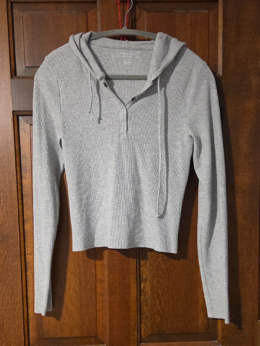 American Eagle Outfitters Heather Gray Ribbed Henley Hoodie